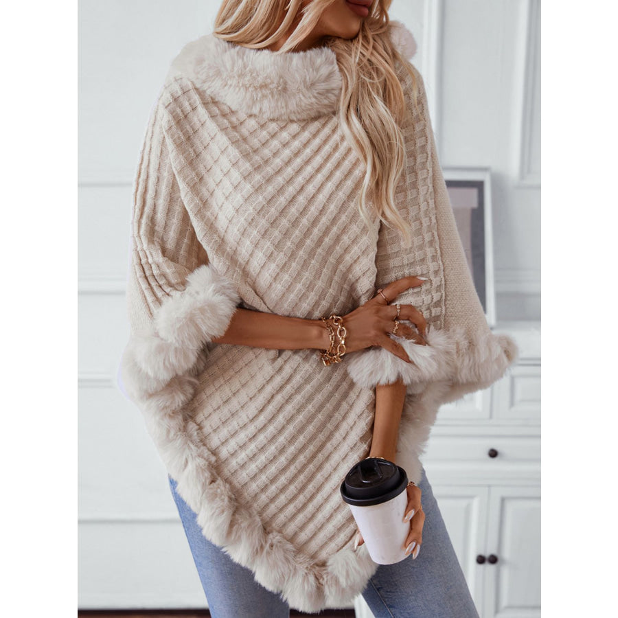 Fuzzy Trim Texture Three-Quarter Sleeve Poncho Beige / One Size Apparel and Accessories