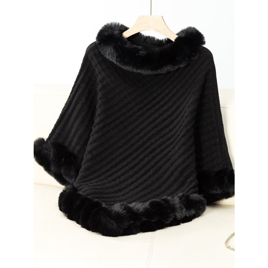 Fuzzy Trim Texture Three-Quarter Sleeve Poncho Black / One Size Apparel and Accessories