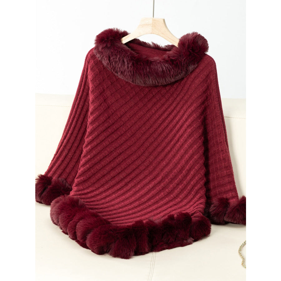 Fuzzy Trim Texture Three-Quarter Sleeve Poncho Burgundy / One Size Apparel and Accessories