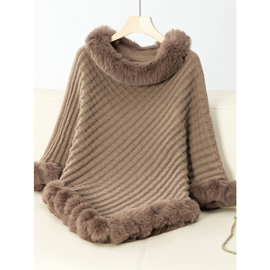 Fuzzy Trim Texture Three-Quarter Sleeve Poncho Camel / One Size Apparel and Accessories