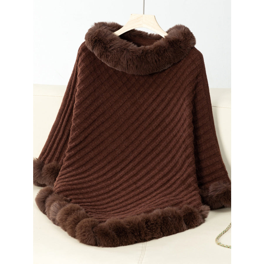 Fuzzy Trim Texture Three-Quarter Sleeve Poncho Chocolate / One Size Apparel and Accessories