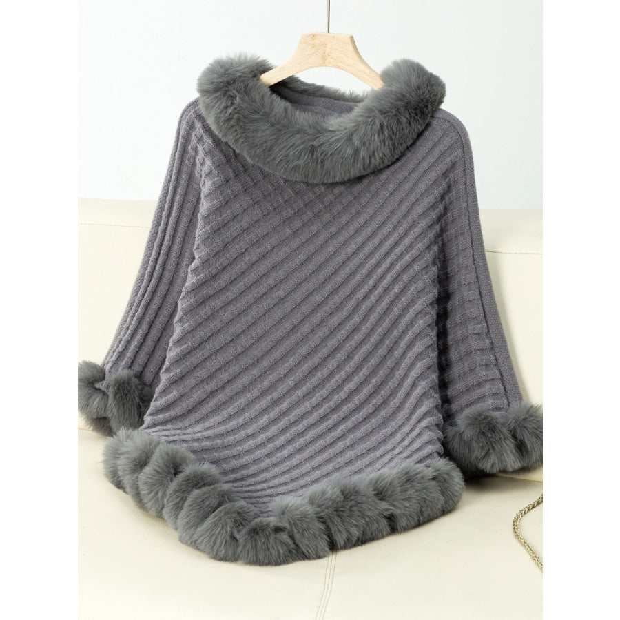 Fuzzy Trim Texture Three-Quarter Sleeve Poncho Dark Gray / One Size Apparel and Accessories