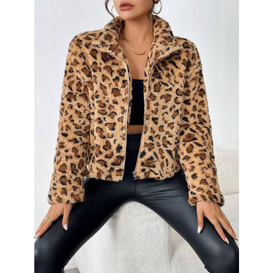 Fuzzy Turtleneck Leopard Zip Up Jacket Camel / S Apparel and Accessories