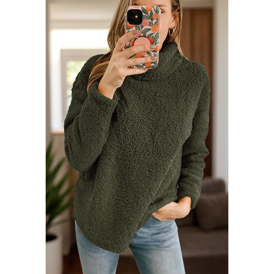 Fuzzy Turtleneck Long Sleeve Sweatshirt Army Green / S Apparel and Accessories