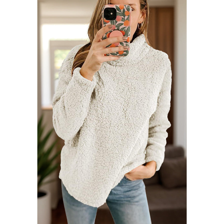 Fuzzy Turtleneck Long Sleeve Sweatshirt Beige / S Apparel and Accessories