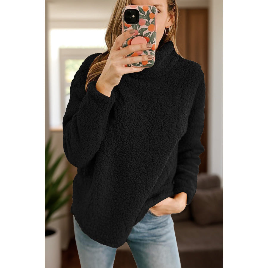 Fuzzy Turtleneck Long Sleeve Sweatshirt Black / S Apparel and Accessories