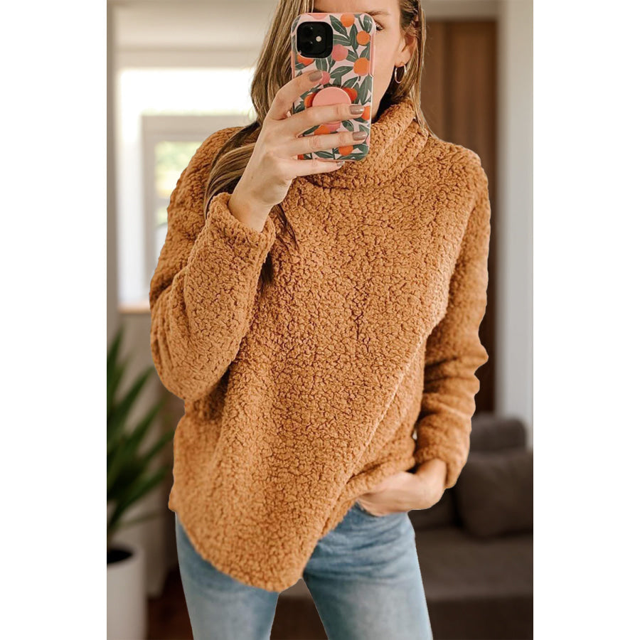 Fuzzy Turtleneck Long Sleeve Sweatshirt Caramel / S Apparel and Accessories