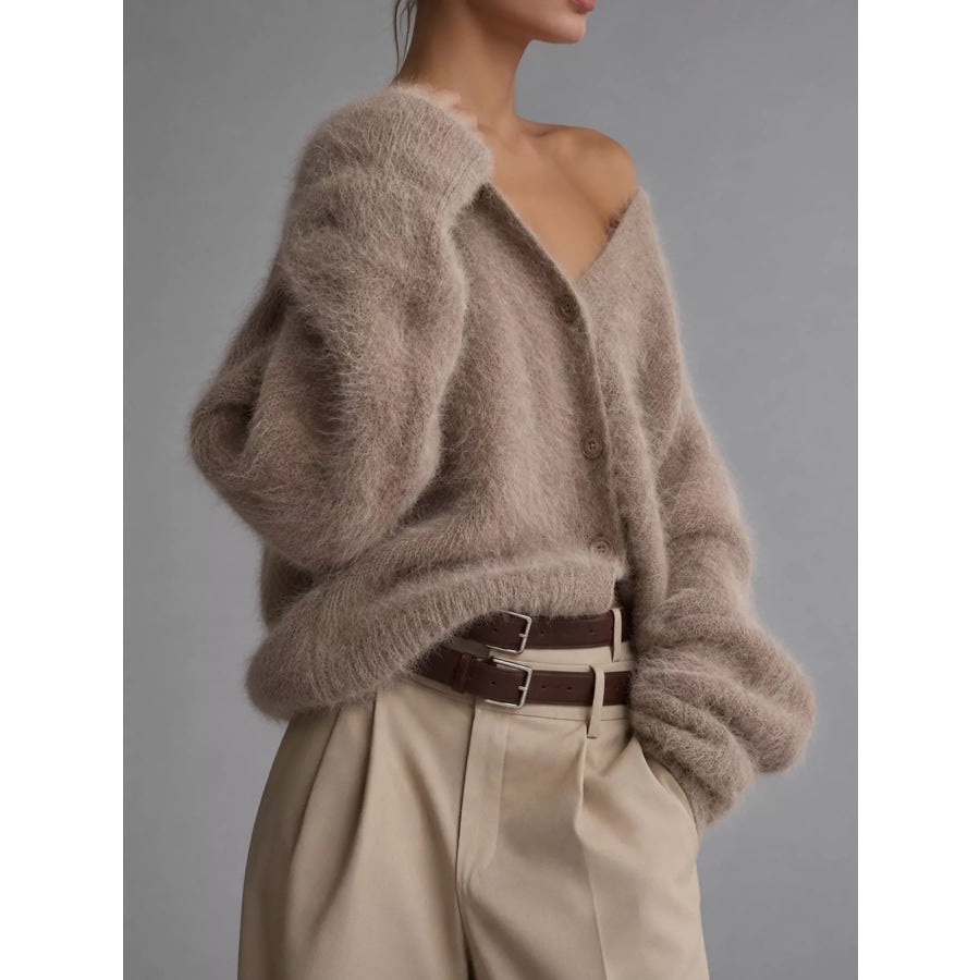Fuzzy V-Neck Button-Down Cardigan Apparel and Accessories