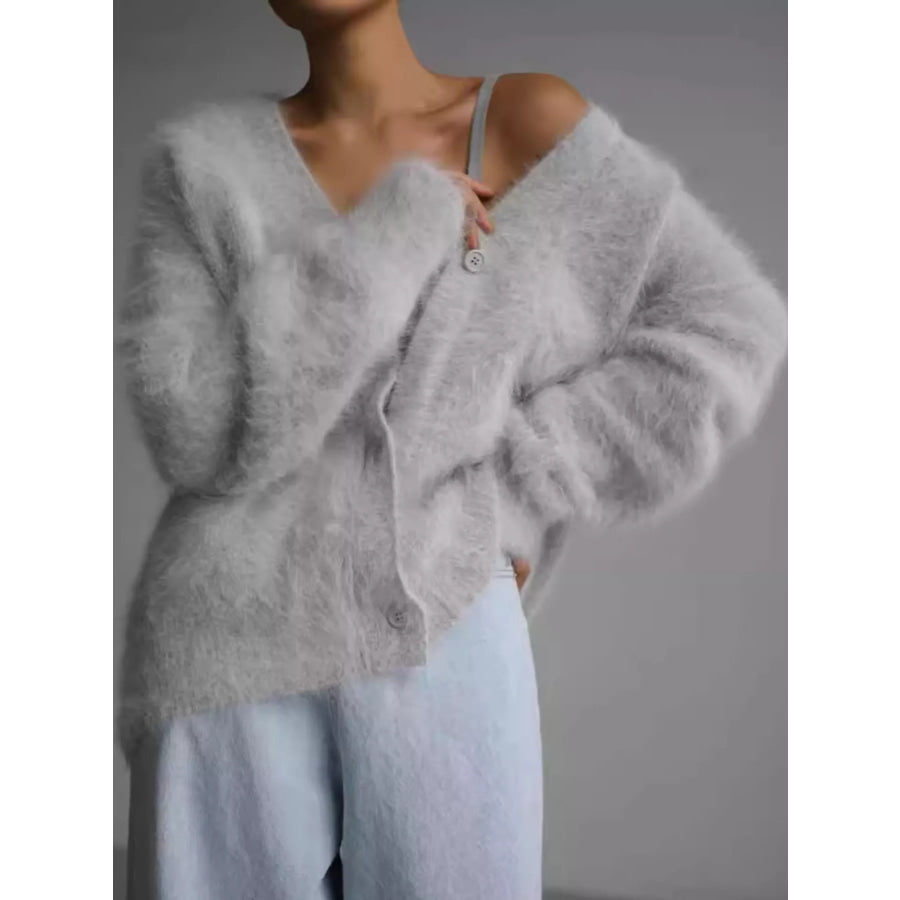 Fuzzy V-Neck Button-Down Cardigan Apparel and Accessories