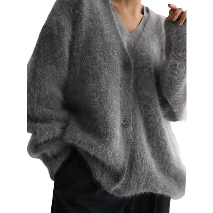 Fuzzy V-Neck Button-Down Cardigan Apparel and Accessories