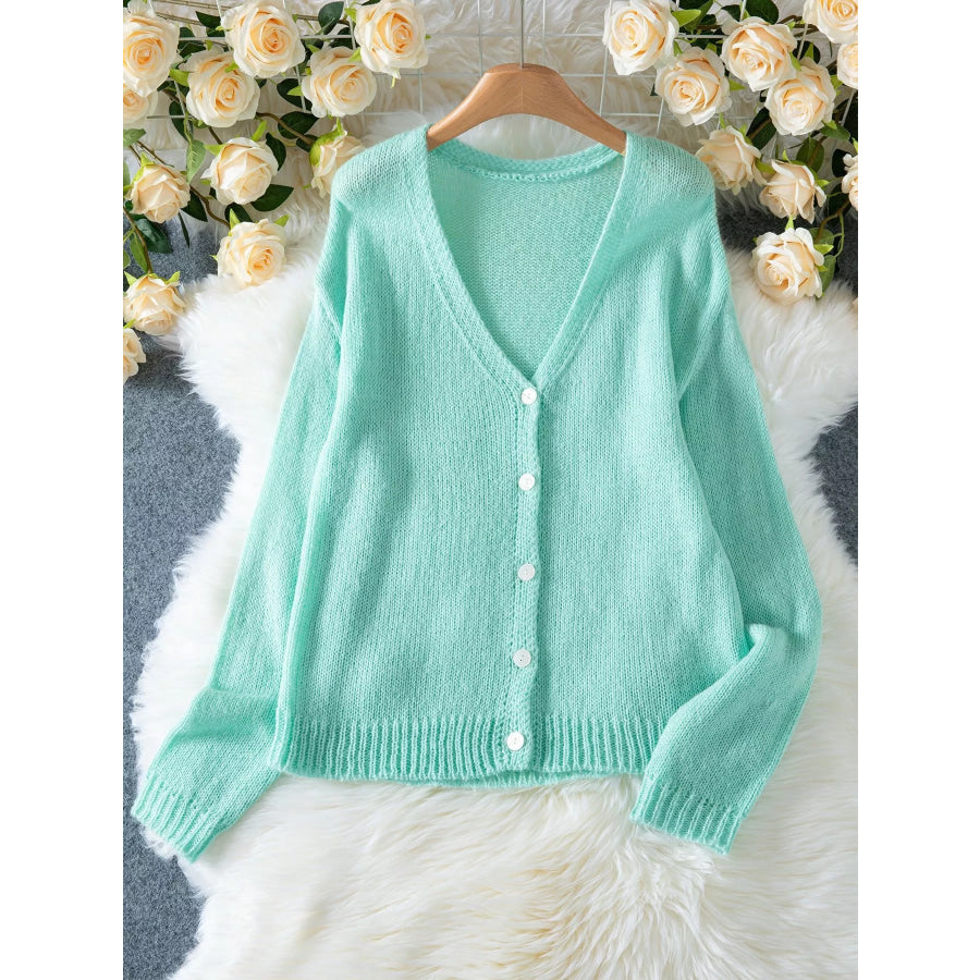 Fuzzy V-Neck Button-Down Cardigan Aqua / S Apparel and Accessories