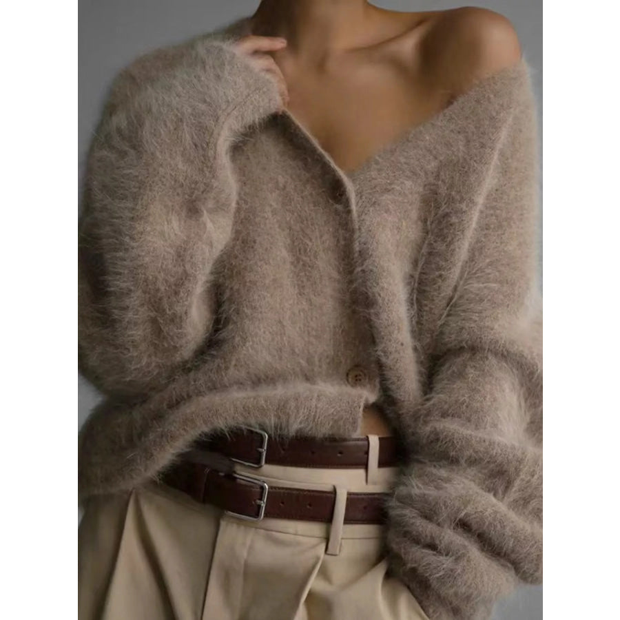 Fuzzy V-Neck Button-Down Cardigan Apparel and Accessories