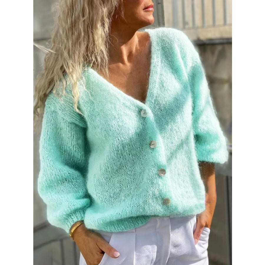 Fuzzy V-Neck Button-Down Cardigan Aqua / S Apparel and Accessories