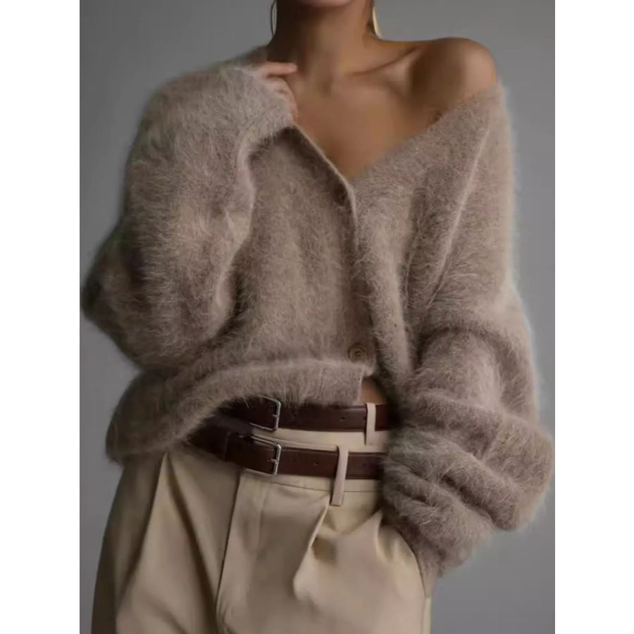 Fuzzy V-Neck Button-Down Cardigan Camel / S Apparel and Accessories