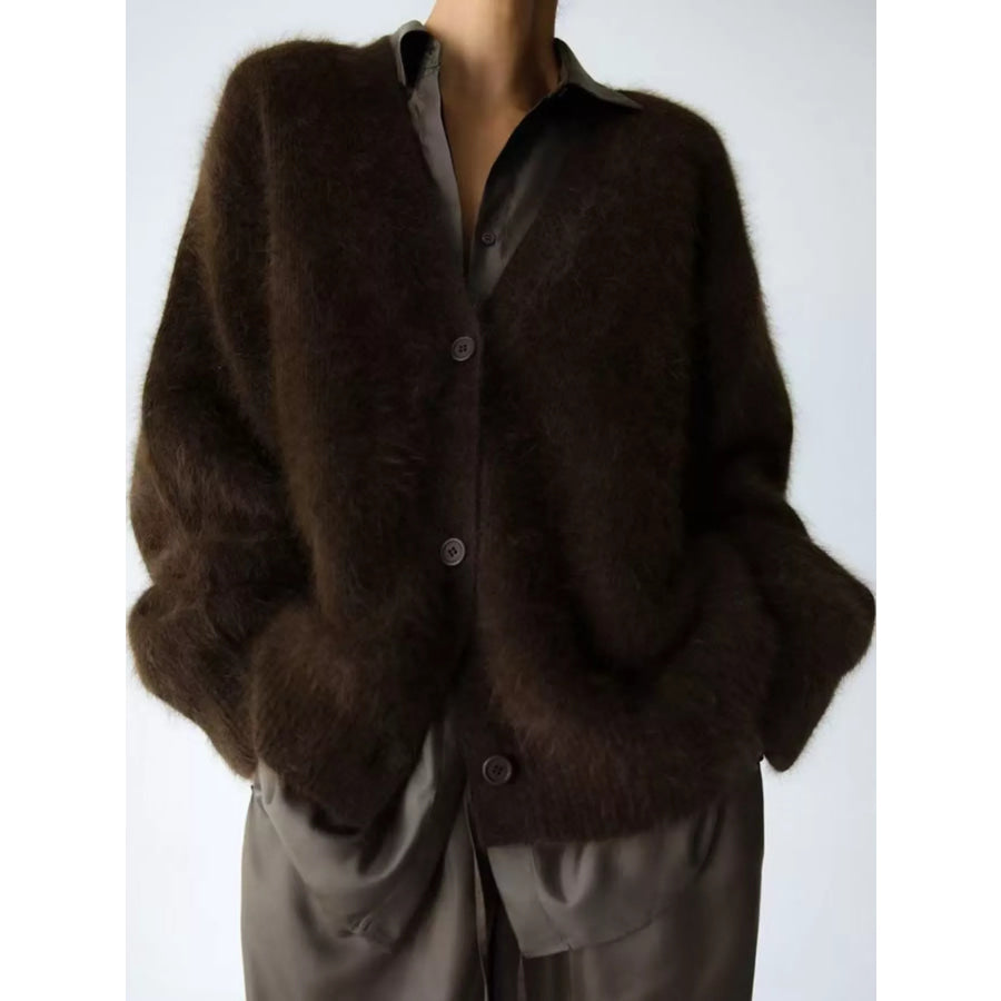 Fuzzy V-Neck Button-Down Cardigan Coffee / S Apparel and Accessories