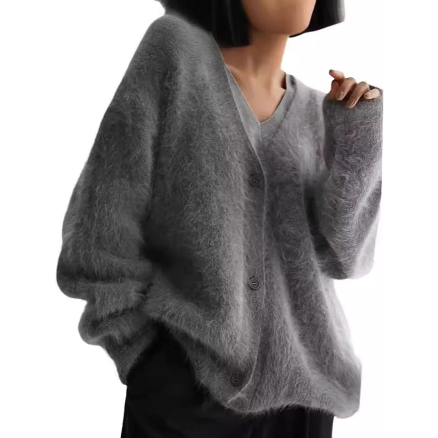 Fuzzy V-Neck Button-Down Cardigan Gray / S Apparel and Accessories
