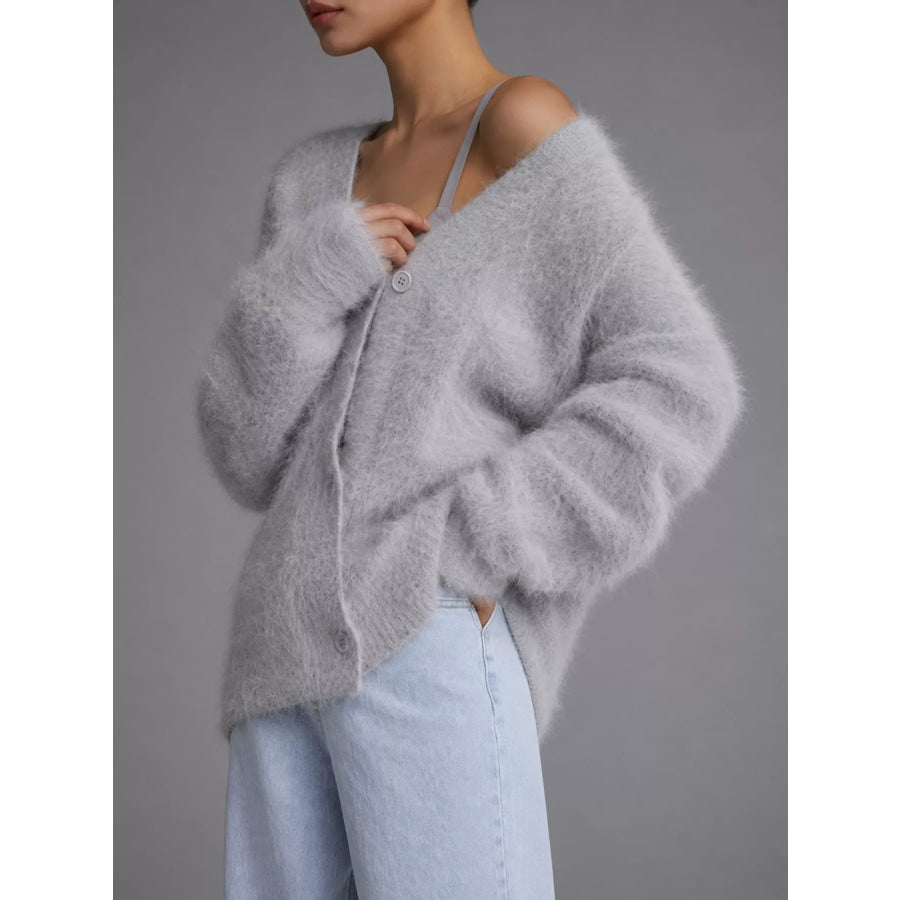 Fuzzy V-Neck Button-Down Cardigan Light Gray / S Apparel and Accessories