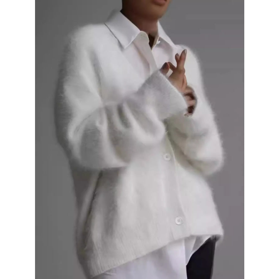 Fuzzy V-Neck Button-Down Cardigan White / S Apparel and Accessories