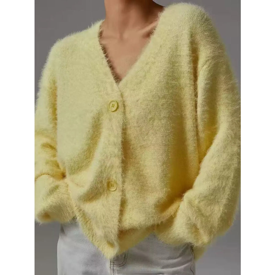 Fuzzy V-Neck Button-Down Cardigan Yellow / S Apparel and Accessories