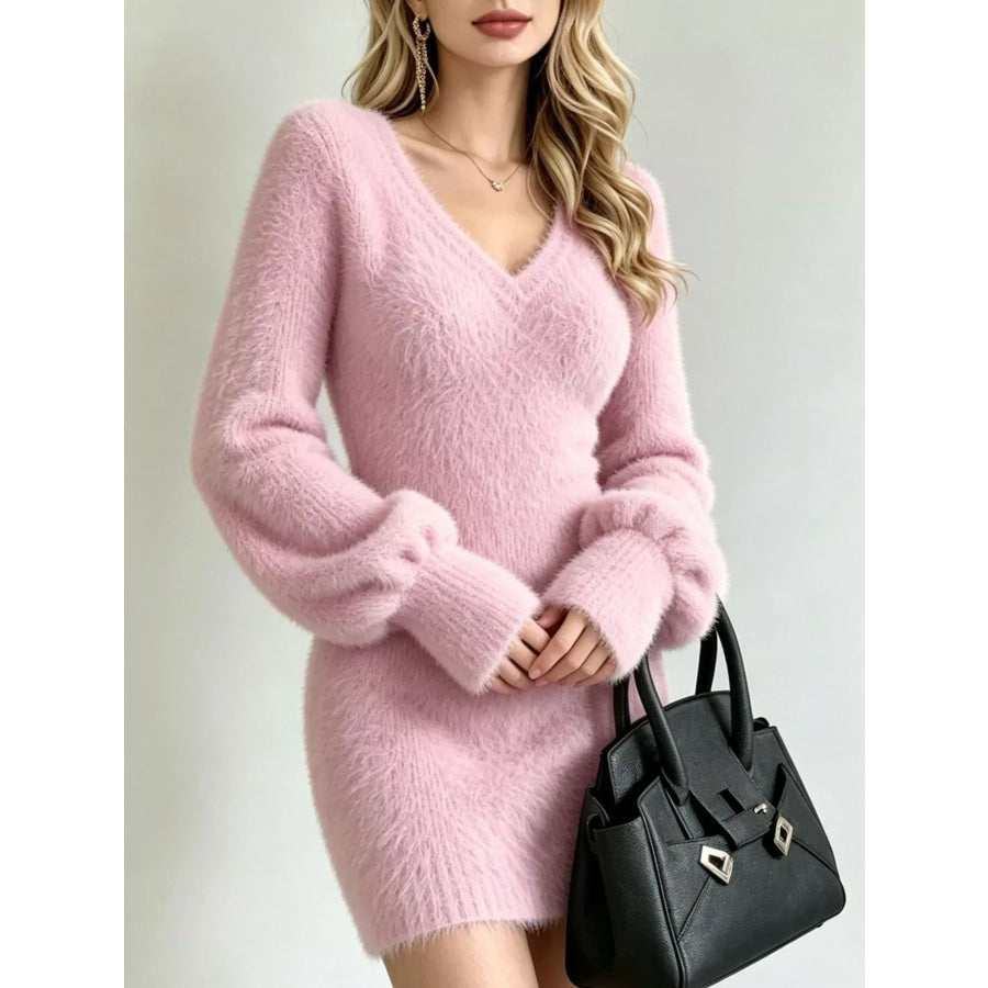 Fuzzy V-Neck Long Sleeve Sweater Dress Apparel and Accessories