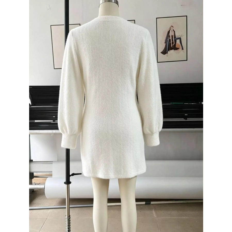 Fuzzy V-Neck Long Sleeve Sweater Dress Apparel and Accessories