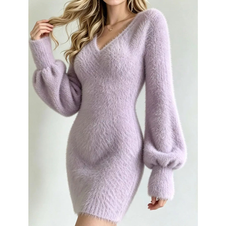 Fuzzy V-Neck Long Sleeve Sweater Dress Apparel and Accessories