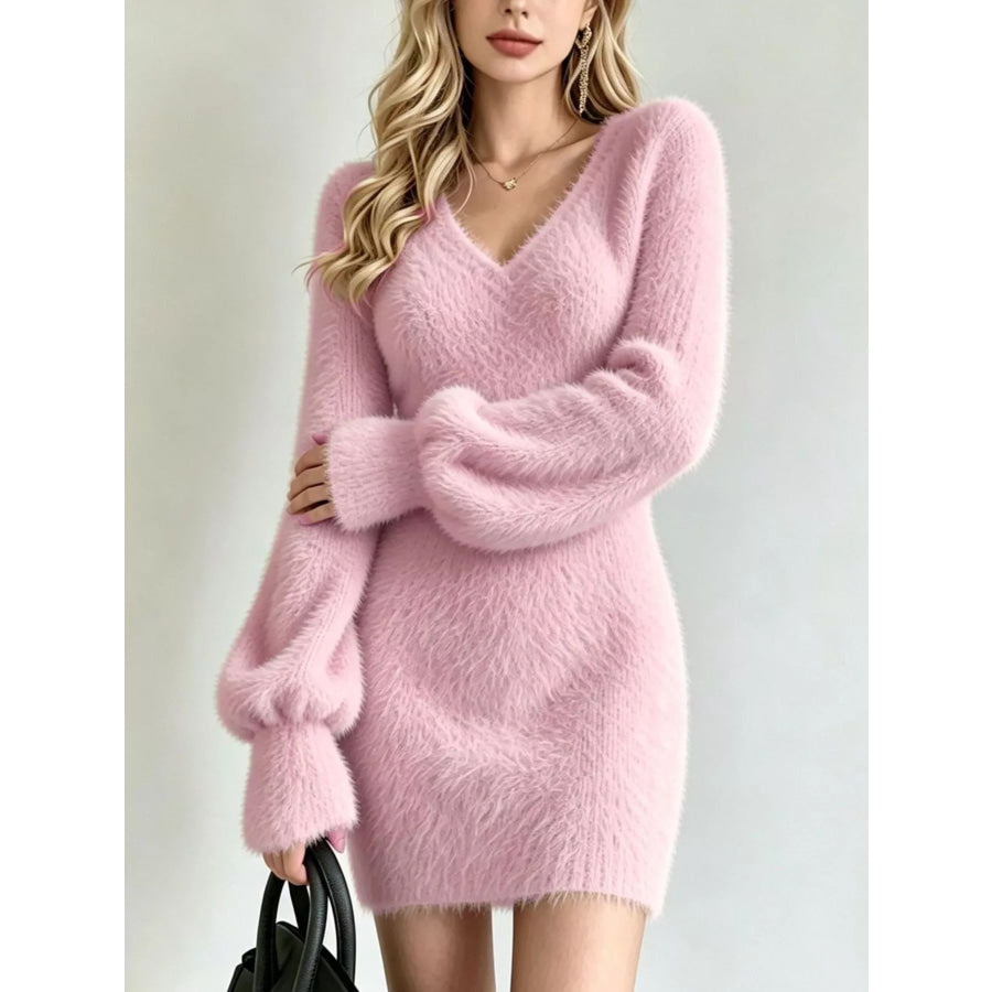 Fuzzy V-Neck Long Sleeve Sweater Dress Apparel and Accessories