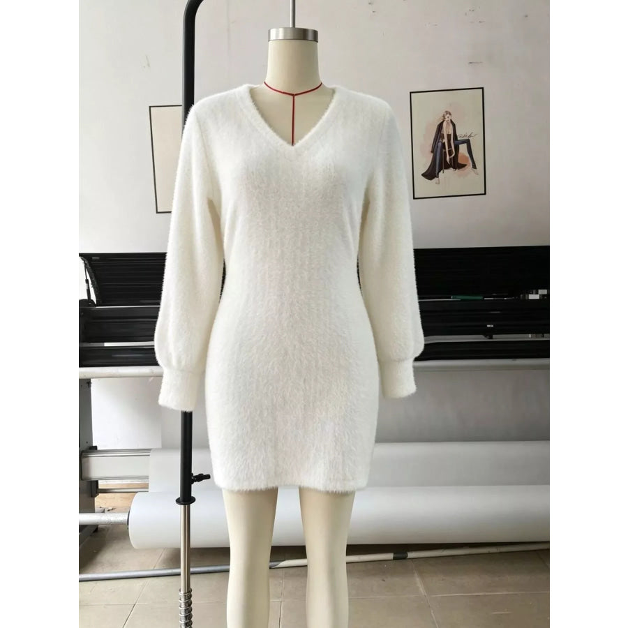 Fuzzy V-Neck Long Sleeve Sweater Dress Apparel and Accessories