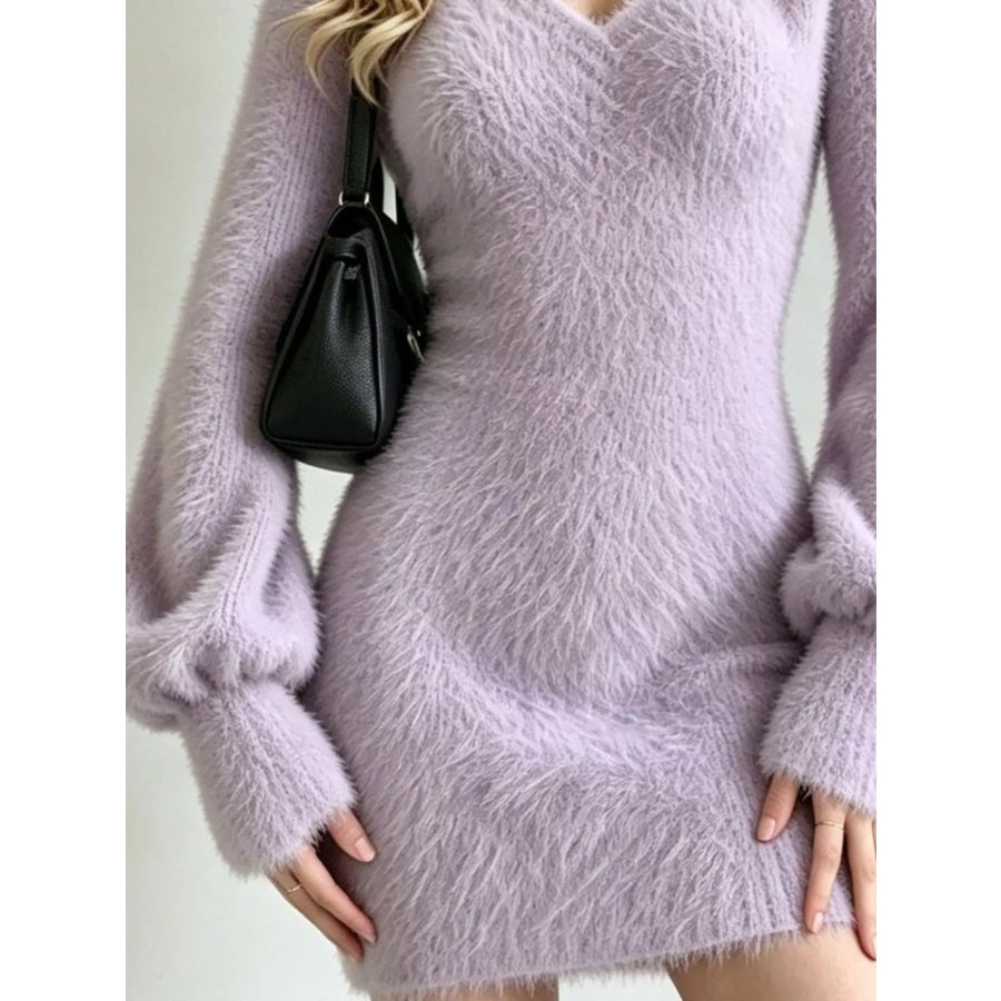 Fuzzy V-Neck Long Sleeve Sweater Dress Apparel and Accessories
