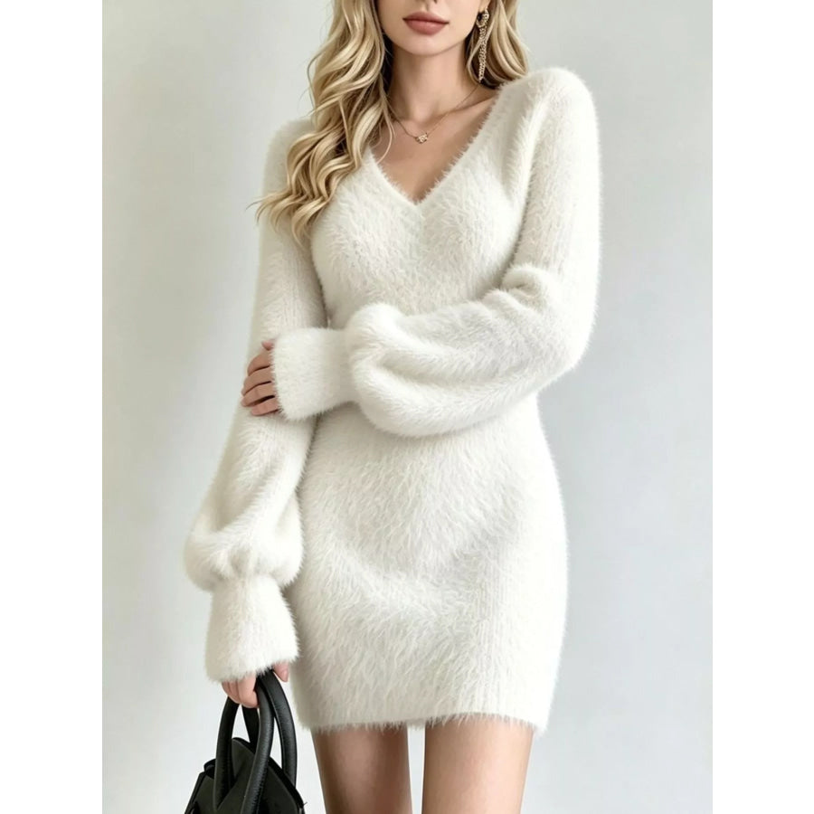Fuzzy V-Neck Long Sleeve Sweater Dress Apparel and Accessories