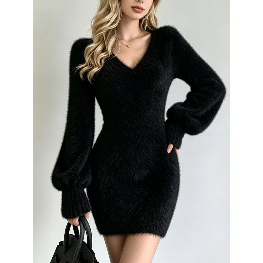 Fuzzy V-Neck Long Sleeve Sweater Dress Black / S Apparel and Accessories