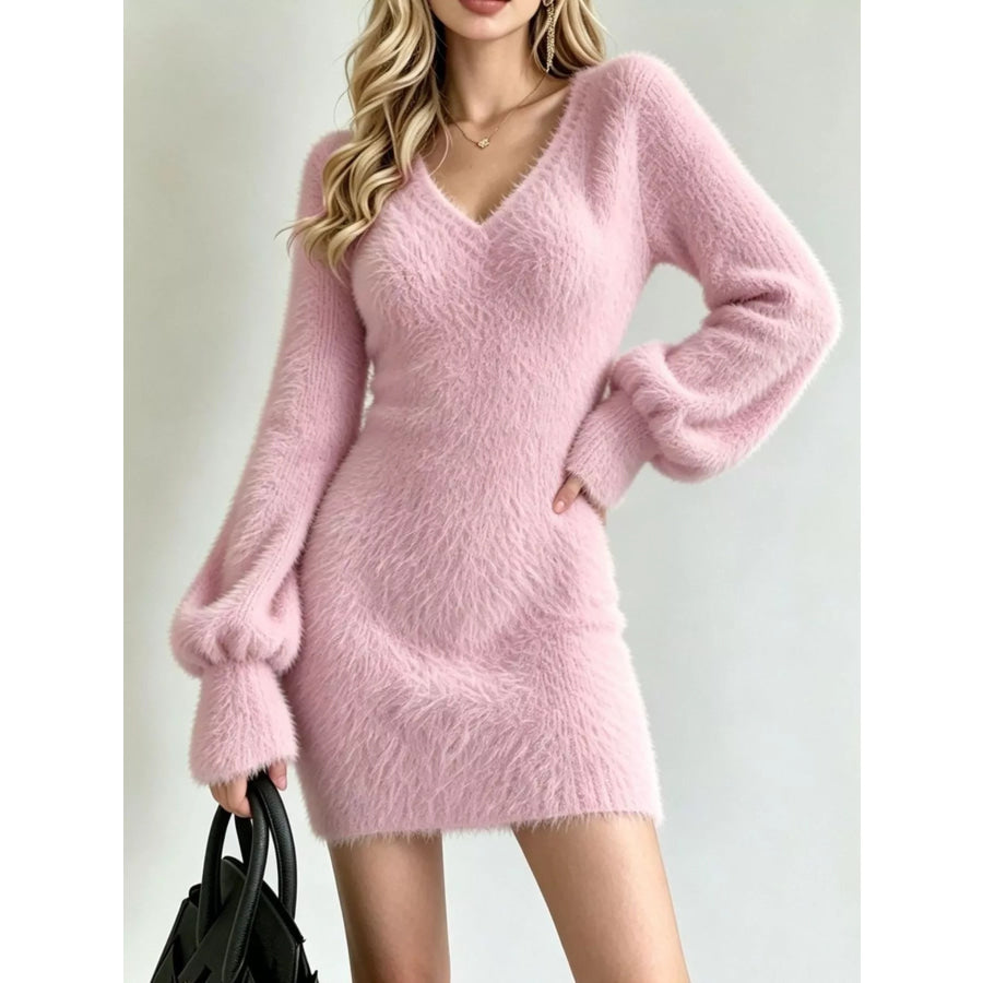 Fuzzy V-Neck Long Sleeve Sweater Dress Dusty Pink / S Apparel and Accessories