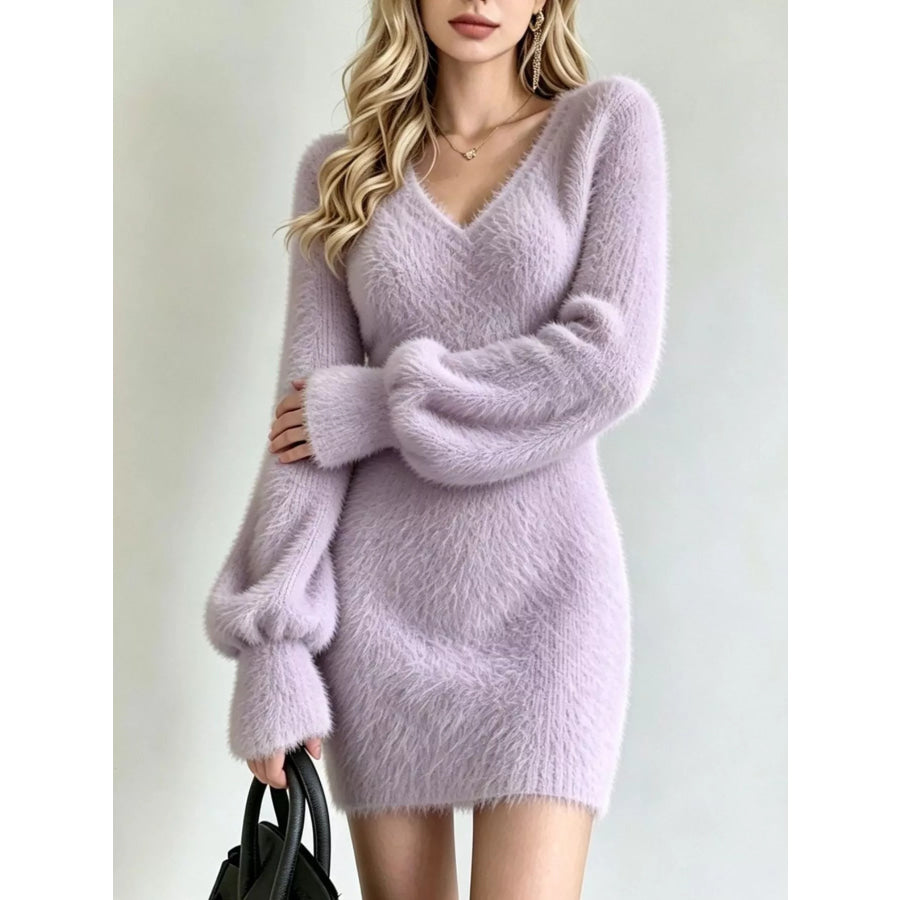 Fuzzy V-Neck Long Sleeve Sweater Dress Lilac / S Apparel and Accessories