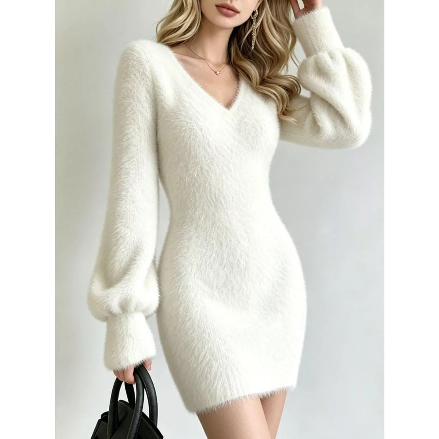 Fuzzy V-Neck Long Sleeve Sweater Dress White / S Apparel and Accessories