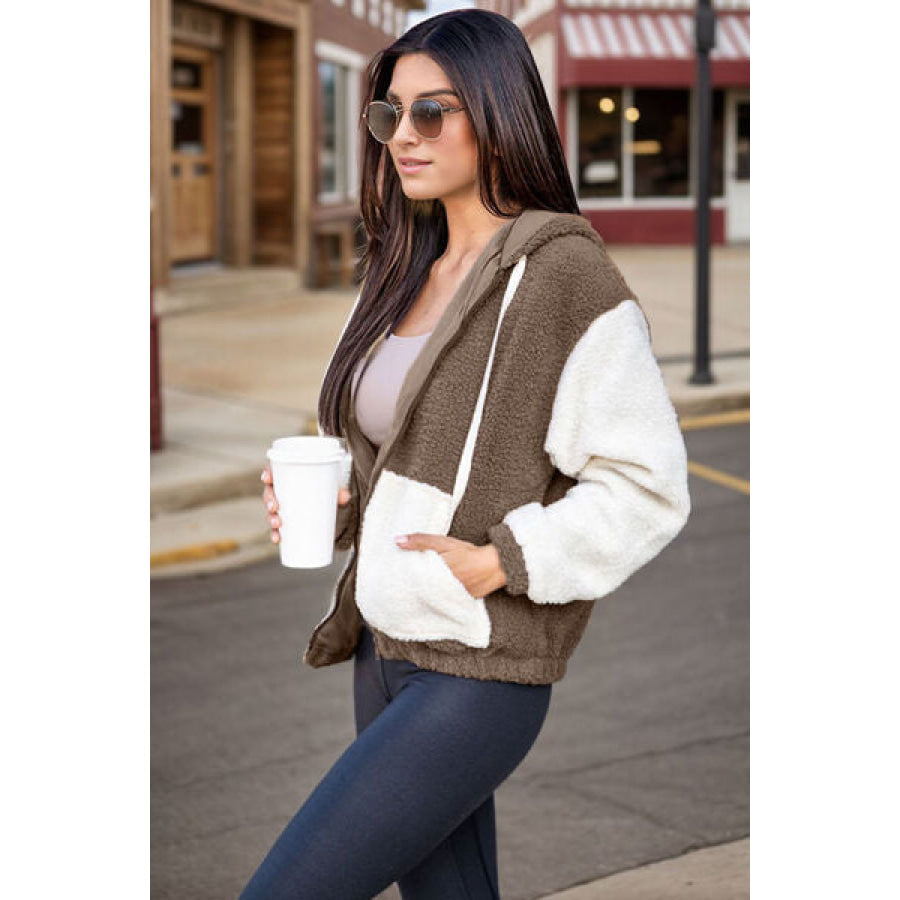 Fuzzy Zip Up Drawstring Hooded Jacket Apparel and Accessories