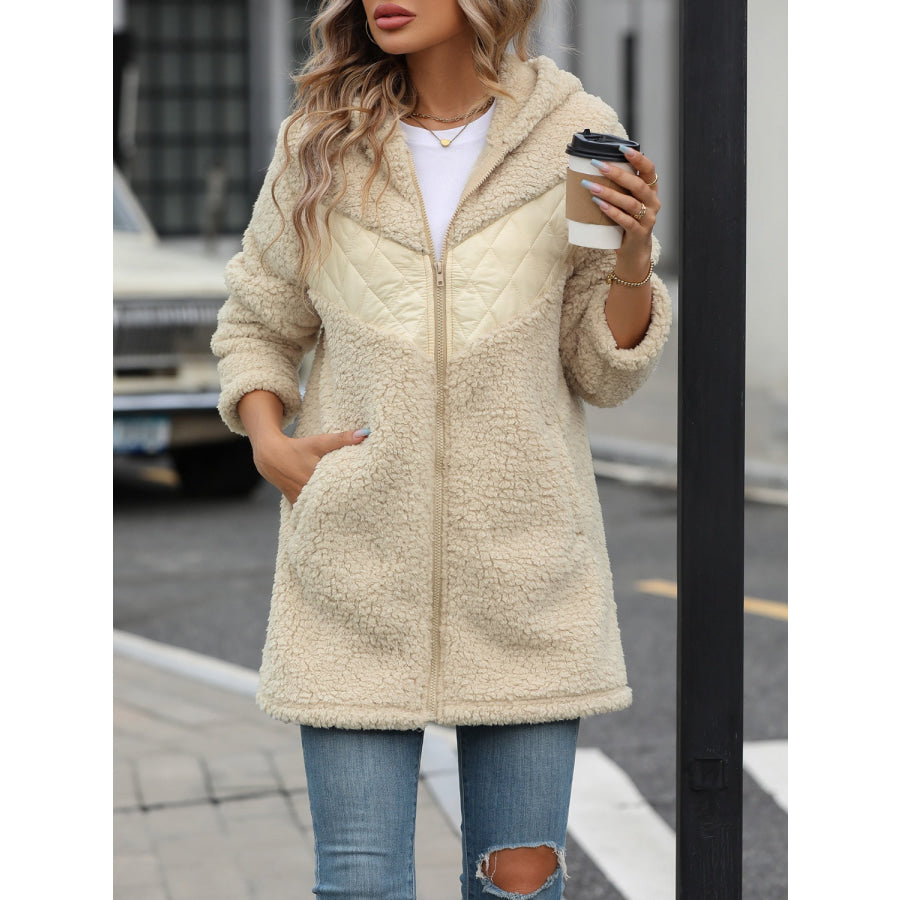 Fuzzy Zip Up Long Sleeve Hooded Jacket Apparel and Accessories