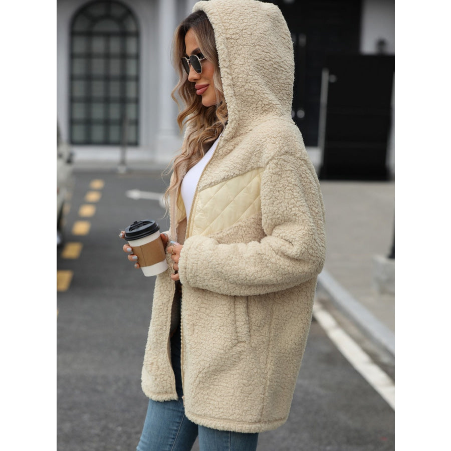 Fuzzy Zip Up Long Sleeve Hooded Jacket Apparel and Accessories