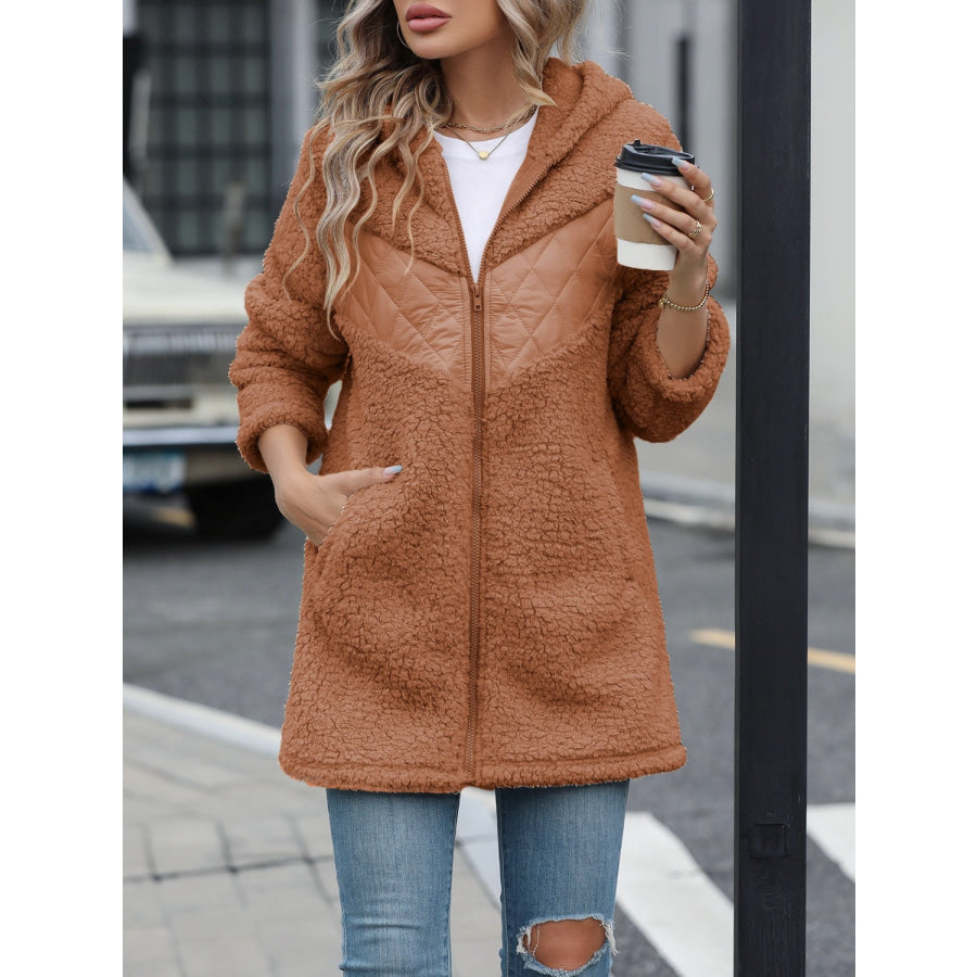 Fuzzy Zip Up Long Sleeve Hooded Jacket Caramel / S Apparel and Accessories