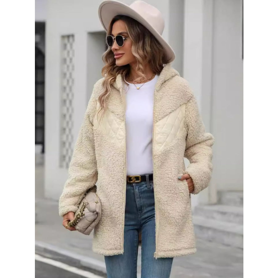 Fuzzy Zip Up Long Sleeve Hooded Jacket Cream / S Apparel and Accessories