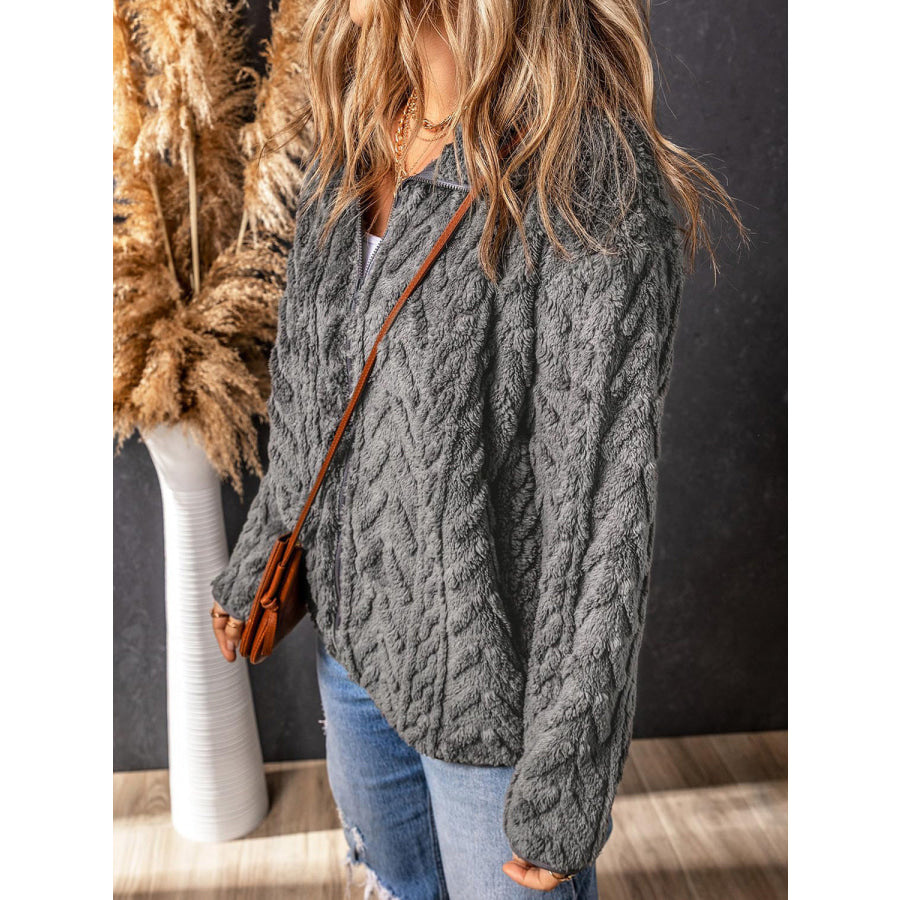 Fuzzy Zip Up Long Sleeve Jacket Apparel and Accessories