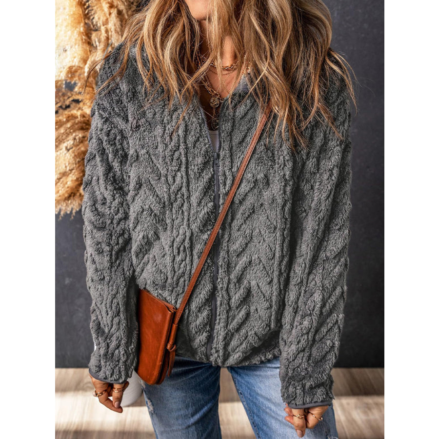 Fuzzy Zip Up Long Sleeve Jacket Apparel and Accessories