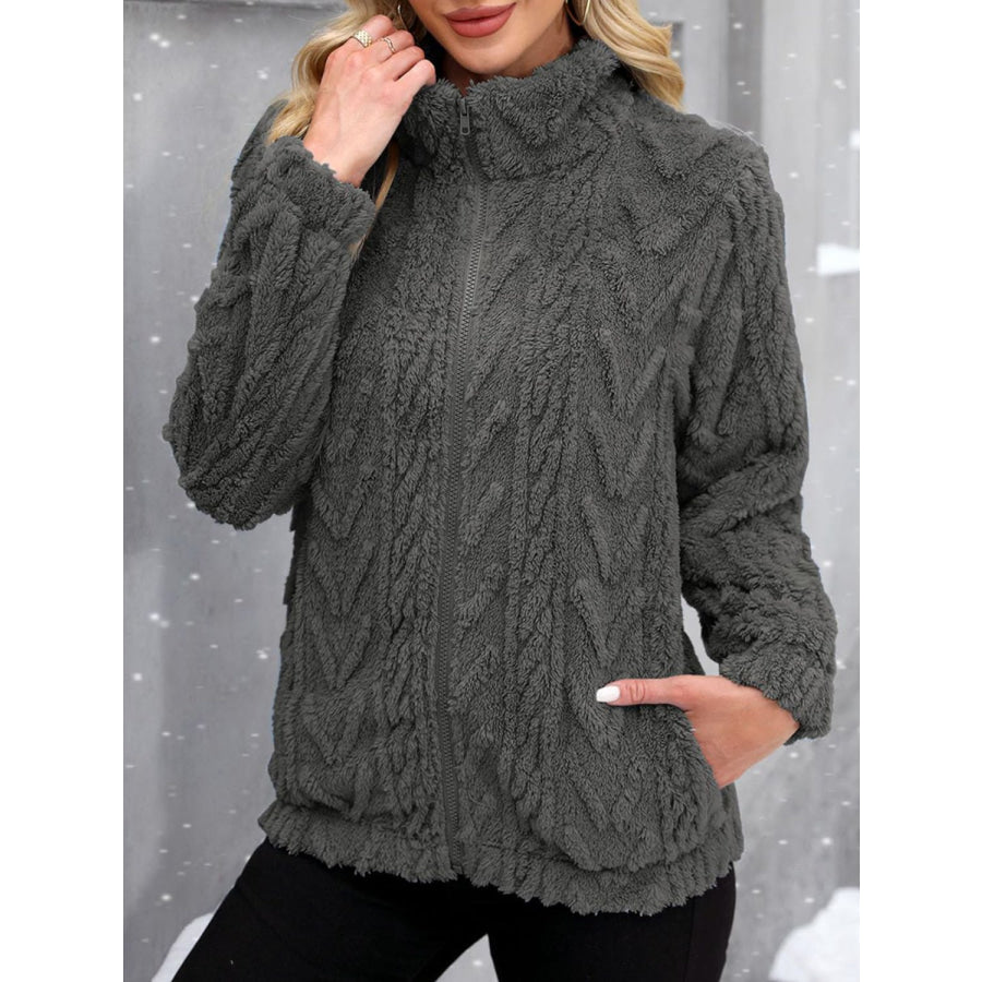 Fuzzy Zip Up Long Sleeve Jacket Apparel and Accessories