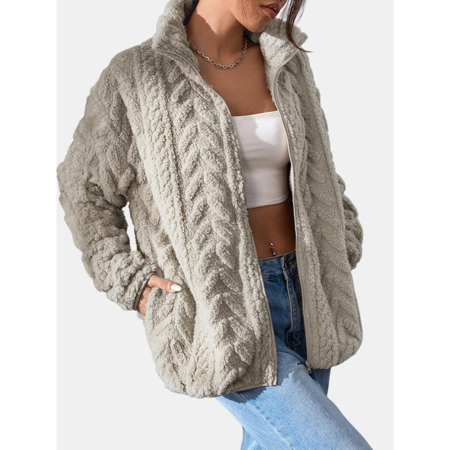Fuzzy Zip Up Long Sleeve Jacket Apparel and Accessories