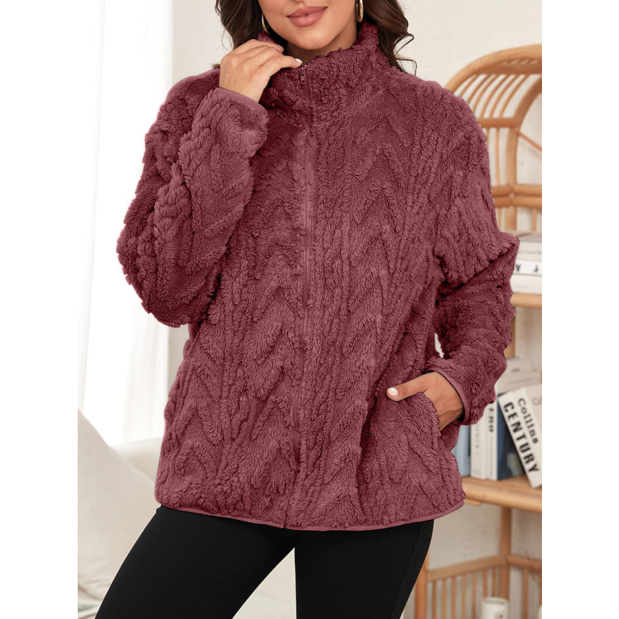 Fuzzy Zip Up Long Sleeve Jacket Burgundy / S Apparel and Accessories