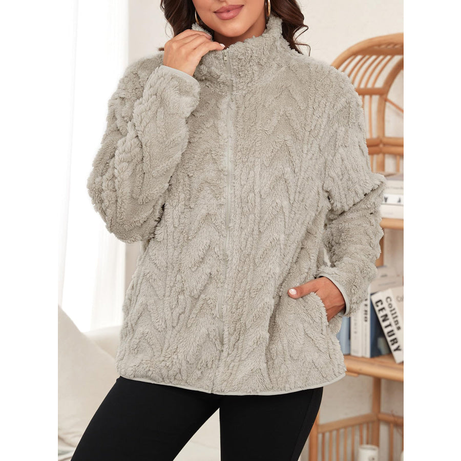 Fuzzy Zip Up Long Sleeve Jacket Khaki / S Apparel and Accessories