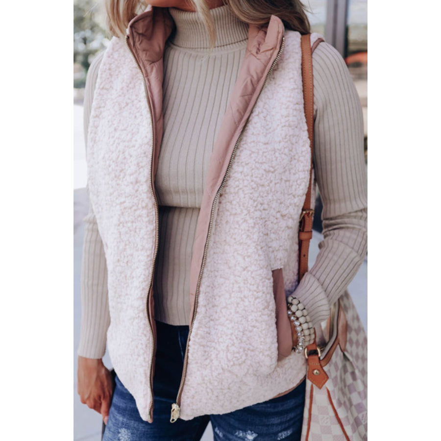 Fuzzy Zip Up Vest Coat with Pockets Apparel and Accessories