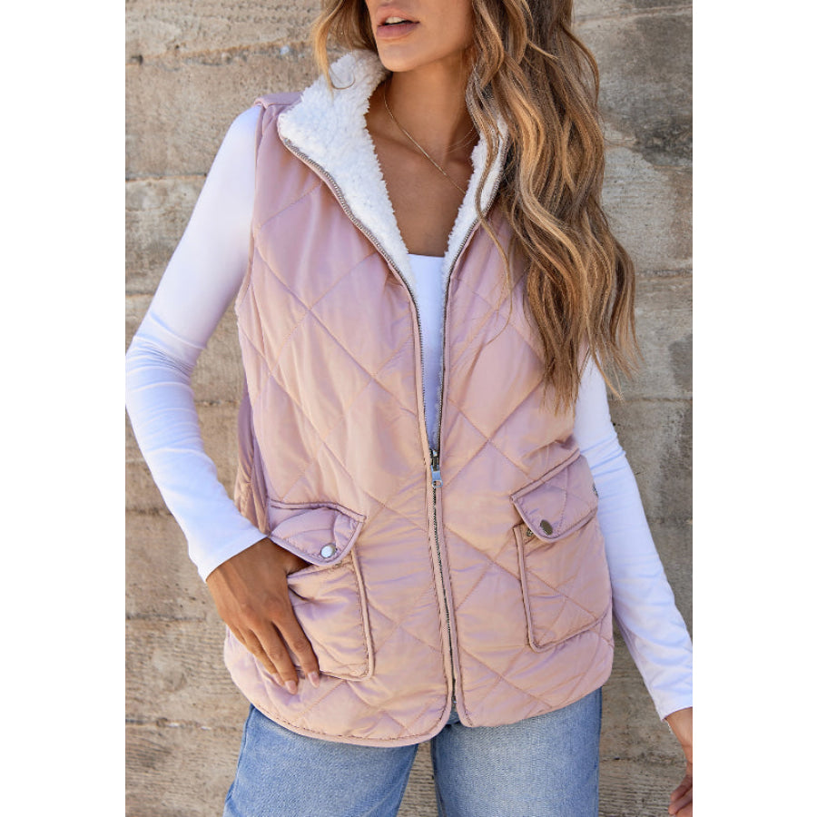 Fuzzy Zip Up Vest Coat with Pockets Blush Pink / S Apparel and Accessories