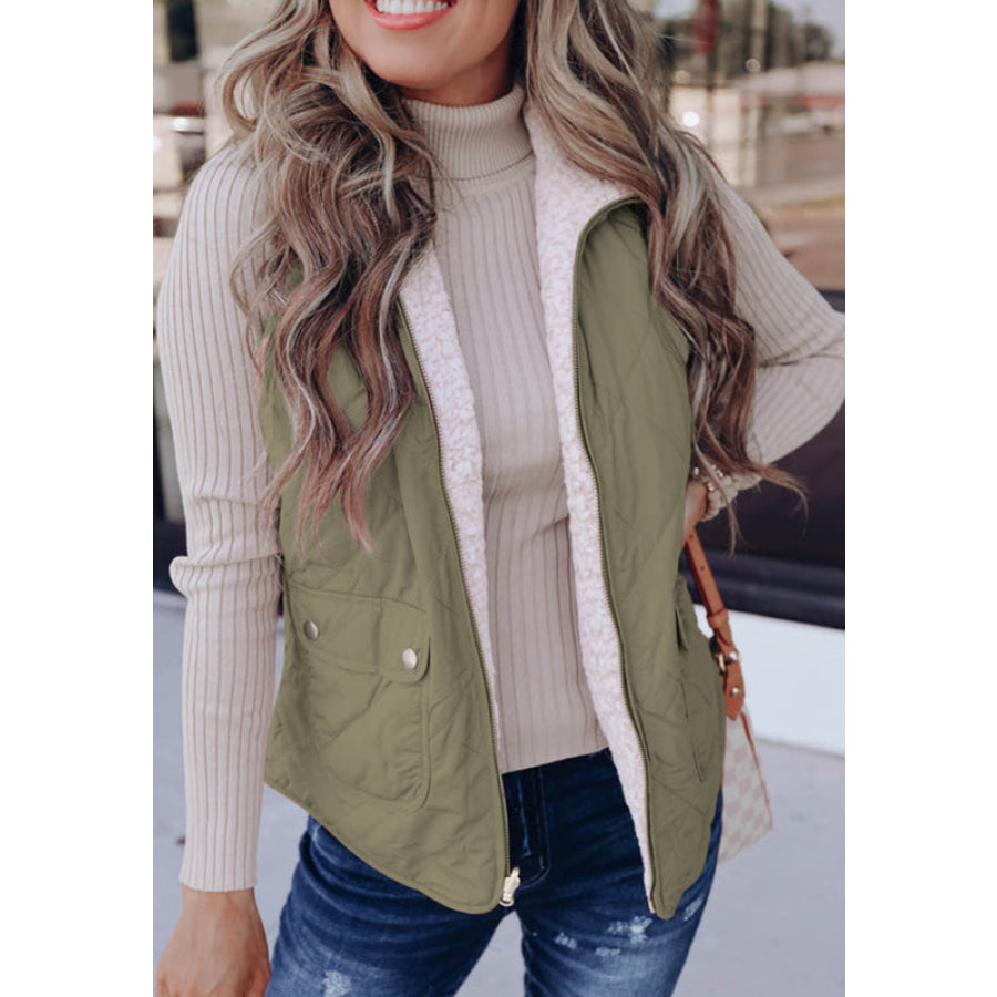 Fuzzy Zip Up Vest Coat with Pockets Sage / S Apparel and Accessories