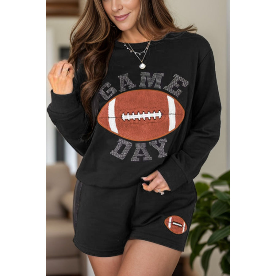 GAME DAY Football Round Neck Long Sleeve Top and Shorts Set Black / S Apparel and Accessories