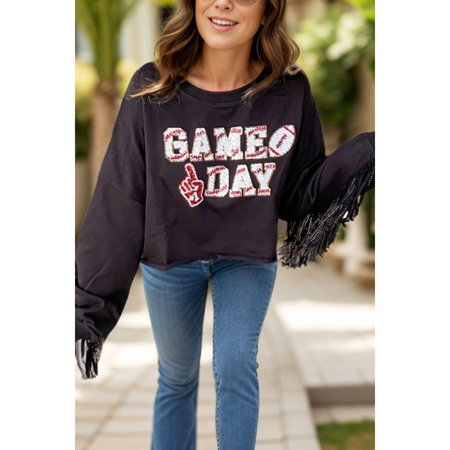 GAME DAY Fringe Long Sleeve Sweatshirt Black / S Apparel and Accessories